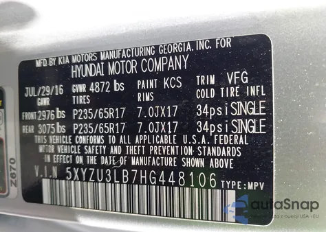 2017 Hyundai Santa Fe Sport 2.4L from USA, damaged, VIN 5XYZU3LB7HG448106